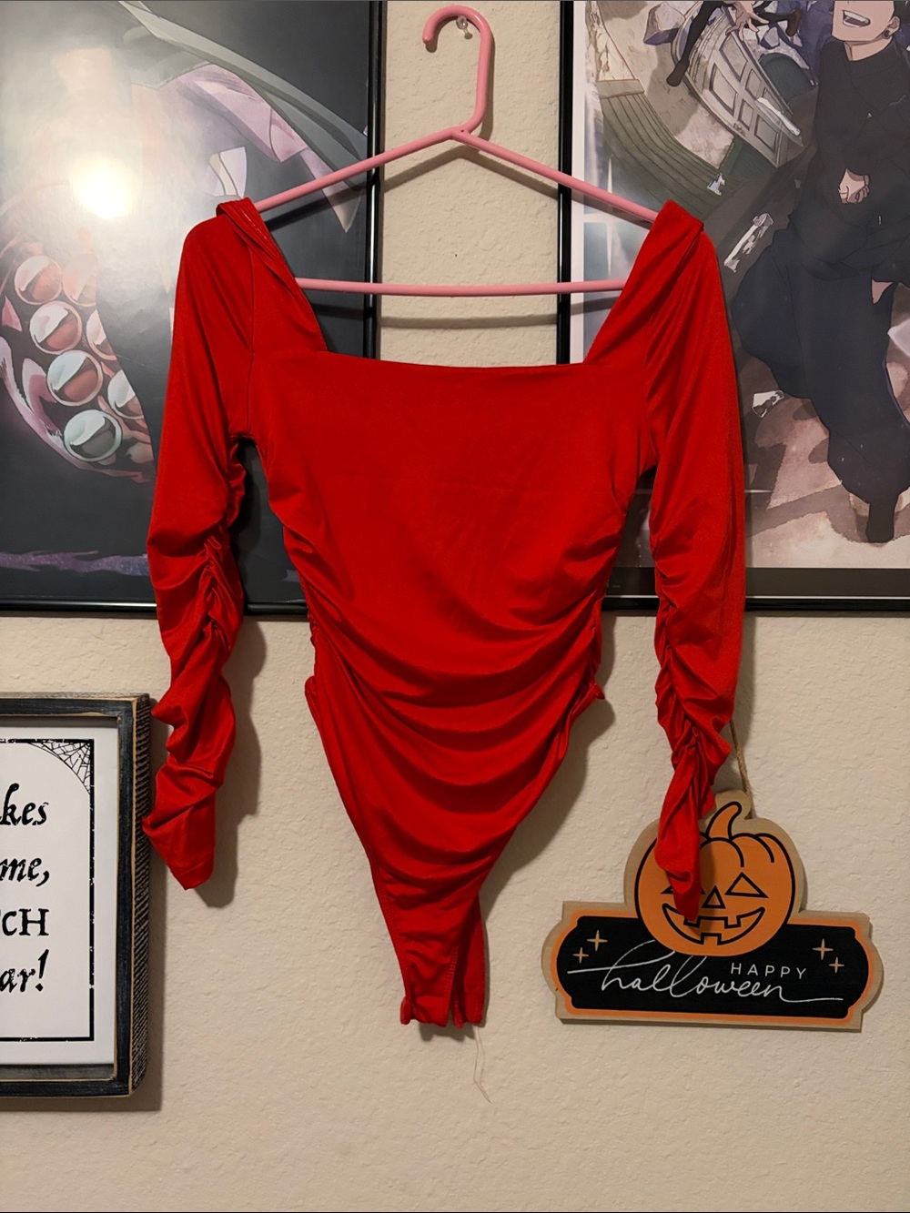 Women’s Red Ruched Long-Sleeve Bodysuit